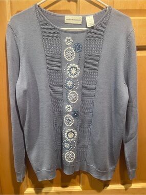 Alfred Dunner Periwinkle Blue Floral Embroidered Sequin Sweater Grannycore M